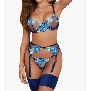 Kaei&Shi Navy Blue Floral Embroidered Sheer Mesh‎ 4 Piece Lingerie Set Garter L